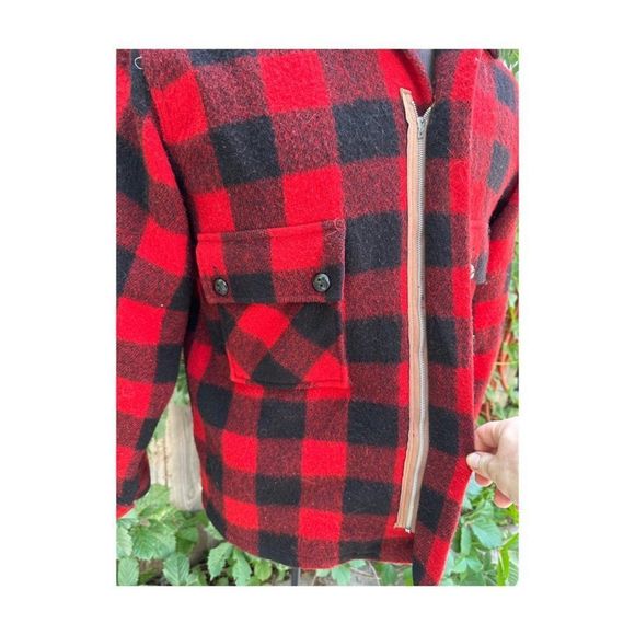 Vintage | 50s Humphrey Buffalo Plaid Wool Jacket Red Black Mackinaw Hunting Zip - Picture 5 of 15
